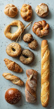 Fırın, farklı ekmek çeşitleri. Ekmek ruloları, baget, hamburgerler, çörekler ve kruvasan yukarıdan yakalanır. Gri taş arka plan.