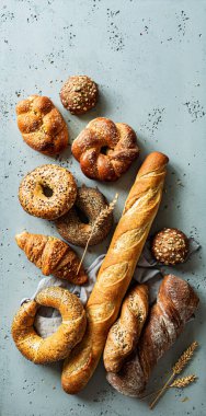 Fırın, çeşitli ekmek çeşitleri. Ekmek ruloları, baget, bagel, tatlı çörek ve kruvasan yukarıdan yakalanır (düz yatak). Boş kopya (metin) alanına sahip gri arkaplan.