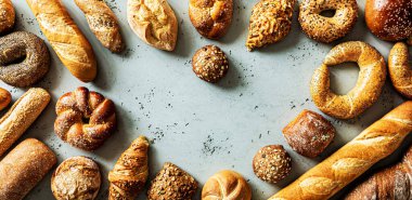 Fırın - kalp şeklinde düzenlenmiş çeşitli ekmek parçaları. Ekmek ruloları, baget, hamburgerler, çörekler ve kruvasan yukarıdan yakalanır. Gri arkaplan, ücretsiz kopyalama alanı. 