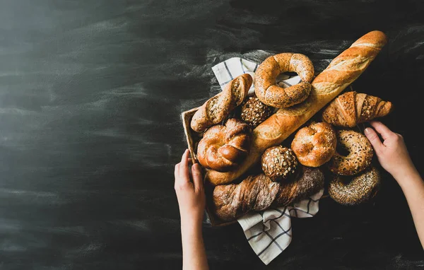 Bakery Various Kinds Breadstuff Tray Bread Rolls Baguette Bagel Sweet — Stock Photo, Image