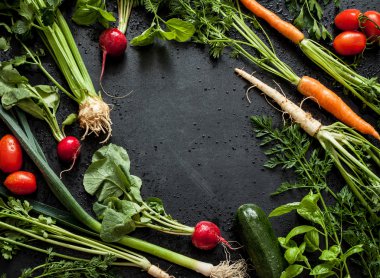 Young spring vegetables on black chalkboard