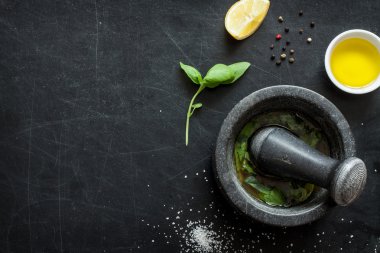 Basil vinaigrette dressing - recipe ingredients on black
