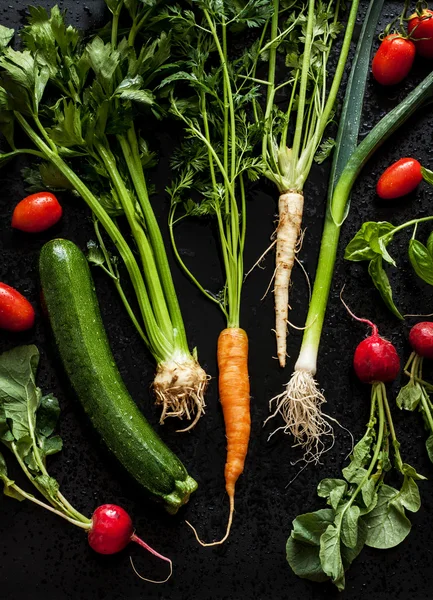 Young spring vegetables on black chalkboard — 图库照片