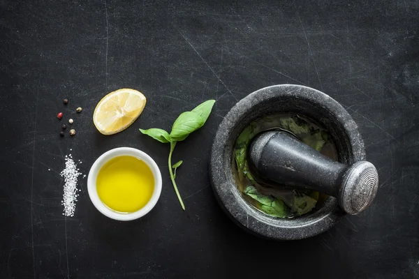 Basil vinaigrette dressing - recipe ingredients on black