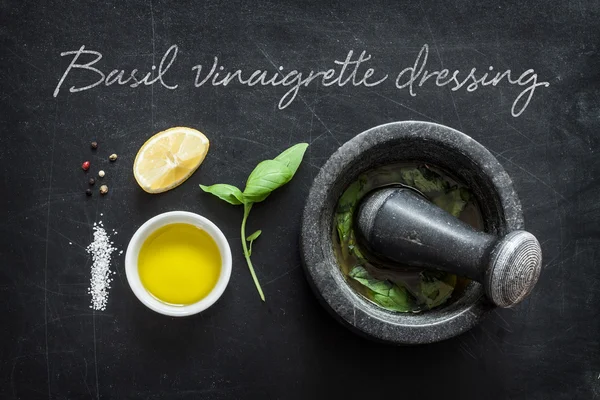 Basil vinaigrette dressing - recipe ingredients on black — 스톡 사진