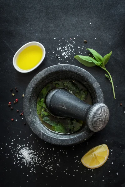 Basil vinaigrette dressing - recipe ingredients on black — Stockfoto