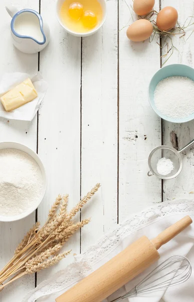 Rustic kitchen - dough recipe ingredients on white wood — ストック写真