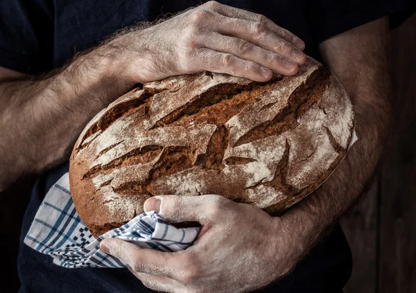 Rustik limpa bröd i mans händer — Stockfoto