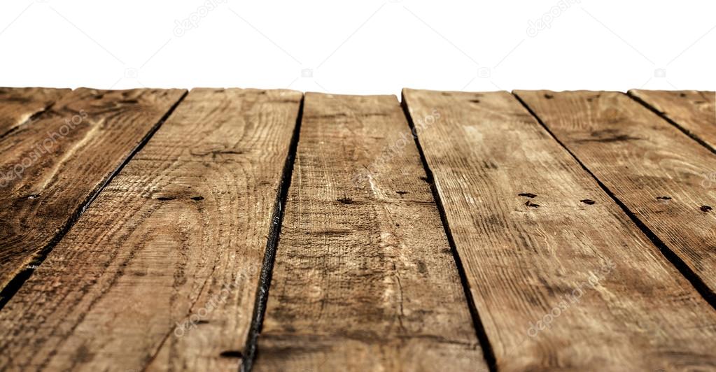 Old vintage planked wood table in perspective