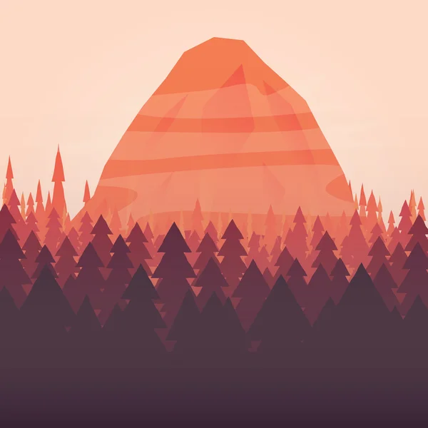 Un bosque y una puesta de sol de montaña — Vector de stock