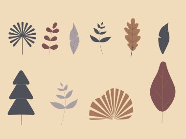 Yumuşak renklerde el yapımı fantezi yaprakları. Yaprakların soyut şirin tasarım elementlerinin sanat koleksiyonu. Vektör illüstrasyonu