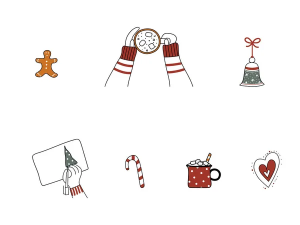 Set Von Handgezeichneten Designelementen Für Weihnachten Kunstsammlung Von Neujahr Niedliche — Stockvektor