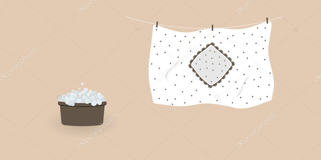 Concept of washing and drying: washed cute white duvet cover with brown polka dots.Blanket cover hanging on clothesline and it is attached by clothespins.Wash basin with soap foam. Vector illustration