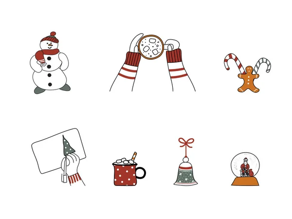 Set of Christmas hand-drawn design elements. Art collection of New Year cute festive things.Lady hands hold cup of coffee, gingerbread man,candy cane,bell,snowman and hand drawing fir-tree.Raster