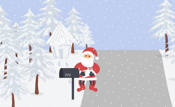 Heiligabend Der Weihnachtsmann Steht Der Nähe Des Briefkastens Und Hält — Stockvektor