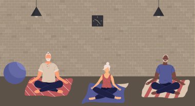 Bir grup yaşlı insan yerde bacak bacak bacak üstüne atıp meditasyon yapıyor. Yoga poziyonundaki yaşlı insanlar meditasyon yapıyorlar, farkındalık pratiği yapıyorlar, evde veya spor salonunda ruhsal disiplin uyguluyorlar.