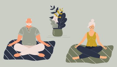 Yoga pozisyonu almış yaşlı, komik kadın ve erkek, meditasyon yapıyor, zihin egzersizi yapıyor, evde ya da spor salonunda ruhsal disiplin uyguluyor. Tatlı yaşlı kadın ve erkek mindere oturup meditasyon yapıyor. Vektör illüstrasyonu.