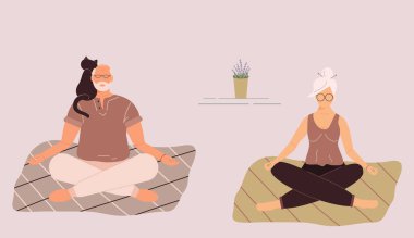 Yoga pozisyonu almış yaşlı, komik kadın ve erkek, meditasyon yapıyor, zihin egzersizi yapıyor, evde ya da spor salonunda ruhsal disiplin uyguluyor. Tatlı yaşlı kadın ve erkek mindere oturup meditasyon yapıyor. Vektör illüstrasyonu.
