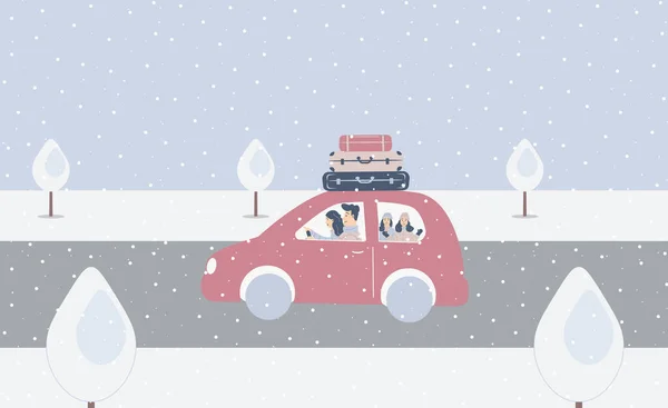 Φαντασία Χαριτωμένο Τοπίο Χειμώνα Οικογενειακή Εκδρομή Αυτοκίνητο Βαλίτες Γονείς Και — Φωτογραφία Αρχείου