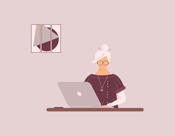 Starší Roztomilá Žena Pracovat Notebooku Práce Dálku Distanční Učení Nebo — Stock fotografie