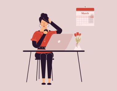 8 Mart Uluslararası Kadınlar Günü. Kırmızı elbiseli tatlı esmer kadın dizüstü bilgisayarda çalışıyor. Laleli vazo, kadın antrenör, koç veya muhasebeci webinar veya atölye çalışması yapıyor. Raster illüstrasyonu