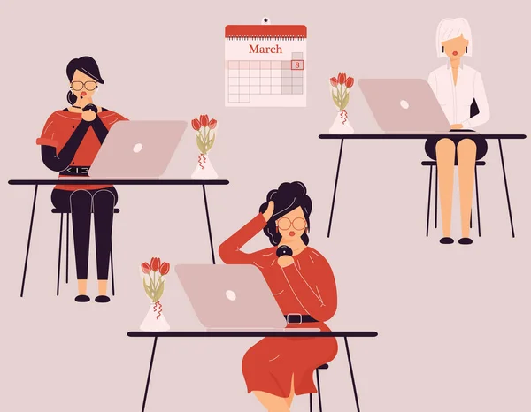 International Women Day Cute Female Collective Work Laptops Vases Tulips — 스톡 사진