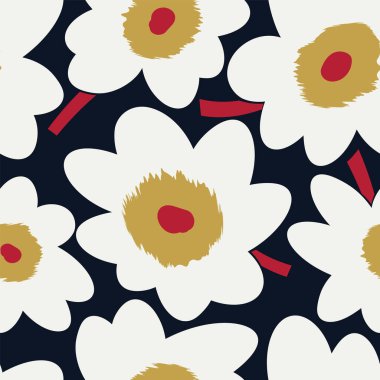 Donanma arka planında kusursuz beyaz çiçek deseni. Güzel çiçeklerle süslenmiş bitmeyen çiçek süsü. Kumaş, tekstil, keten, örtüler, ambalaj, dekupaj için renkli arkaplan.