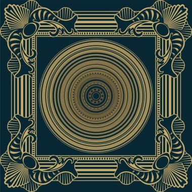 Atkı yerine altın bukleli bukleleri olan tuhaf, soyut antik desenler. Altın halkalı süslemeler ve donanma arkaplanındaki çerçeve. Yastık kılıfı, keten örtüsü, kapaklar için kenarı olan renkli arkaplan. Raster.