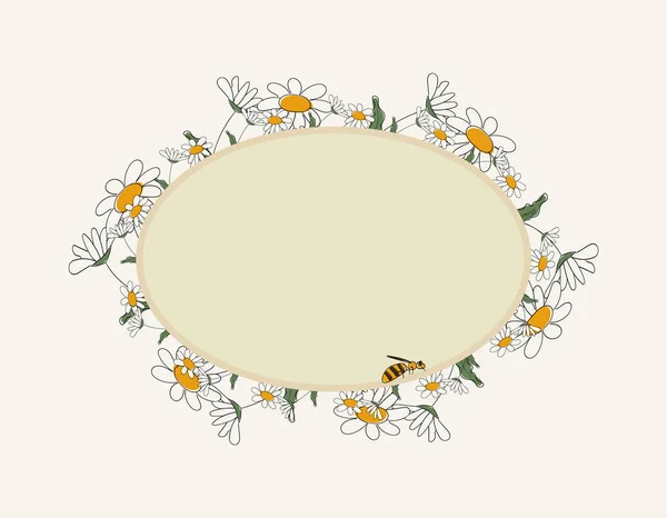 Seasonal spring hand drawn frame raster background.Summer decorative box or border with daisies, cute bee and place for text.Flower backdrop or template with honeybee for social media post banner