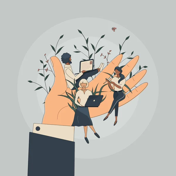 Tiny office workers sitting on huge hand. Concept of good comfortable environment at work, favorable psychological climate,high pay and freedom of creativity for employees. Raster flat illustration