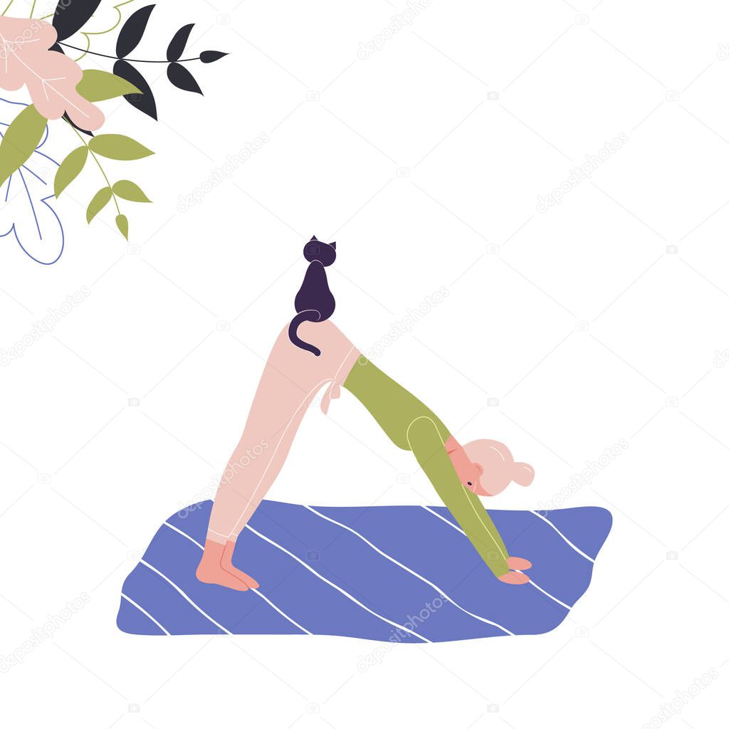 Cute woman does yoga on mat with cat. Young lady in yoga posture Downward Facing Dog, mindfulness practice, spiritual discipline at home.Decorative abstract leaves. Healthy lifestyle.Vector