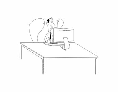 Komik çizgi filmlerdeki kel adam ya da inek adam masa başında bilgisayar başında oturuyor. Komik erkek katip ya da kravatlı profesör monitöre bakın. Siyah beyaz çizim gibi vektör illüstrasyonlar.