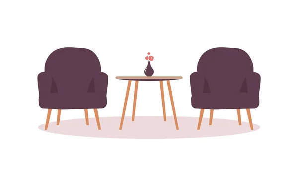 两张木制腿的勃艮第扶手椅和一张有花瓶的咖啡桌 舒适客厅 酒店大堂或银行的家具在白色背景下被隔离 光栅平面卡通画 — 图库照片