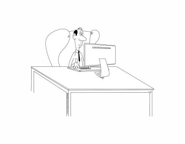 Komik çizgi filmlerdeki kel adam ya da inek adam masa başında bilgisayar başında oturuyor. Komik erkek katip ya da kravatlı profesör monitöre bakın. Raster illüstrasyonları siyah beyaz çizim gibi.