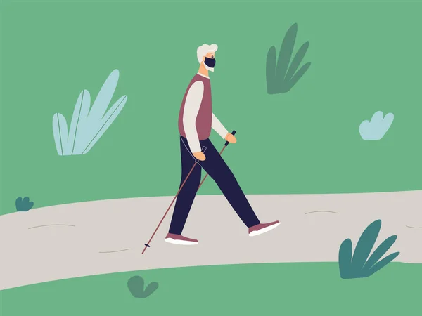 Ein Älterer Fitter Mann Ist Beim Nordic Walking Mit Stöcken — Stockvektor