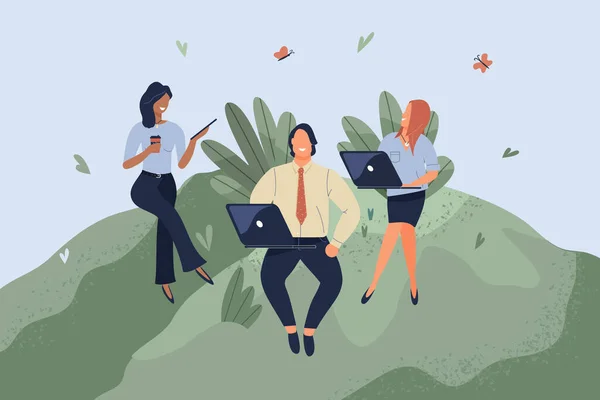 办公室工作人员坐在绿色草坪上 良好的工作环境 良好的心理氛围 高薪和员工的创造力自由的理念 矢量平面插图 — 图库矢量图片