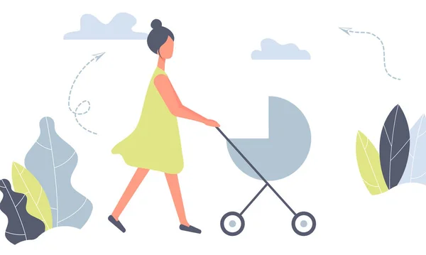 Glückliche Mutter Beim Spaziergang Mit Neugeborenem Kinderwagen Frau Schiebt Kinderwagen — Stockvektor