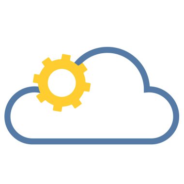 IT ya da başka bir şirket için logo: mavi bulutlu arka planda güneş şeklinde sarı bir vites. Vektör yaratıcı illüstrasyon