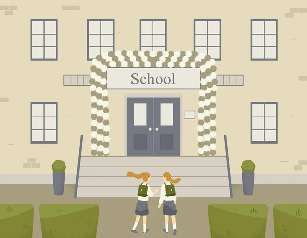 Two Classmates Classfellows Friends Walk Talk Chat Brick School Building — Stock Photo, Image