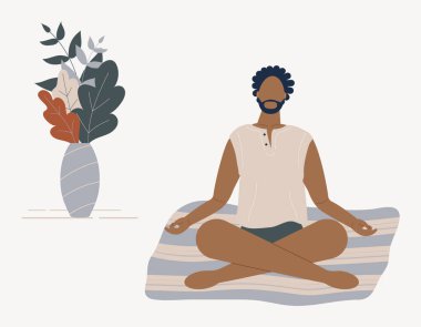 Afro-amerikalı bir adam bacaklarını kavuşturup meditasyon yapıyor. Yoga poziyonundaki genç adam meditasyon yapıyor, farkındalık pratiği yapıyor, evde ruhani disiplin uyguluyor. Düz çizgi film raster çizimi.