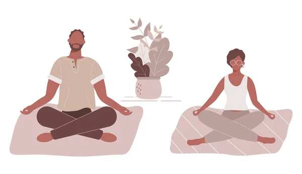 Femme Afro Américaine Homme Position Lotus Yoga Faisant Méditation Pratique — Image vectorielle