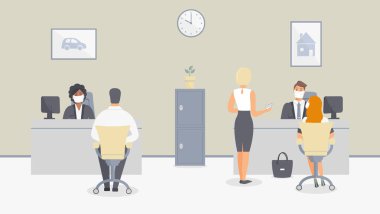 Banka ya da sigorta şirketi virüs salgını sırasında açıktır. Koruyucu sağlık maskesi çalışanları müşterilere hizmet eder. İçi güvenli, tabloları ise ev ve arabalı. Raster illüstrasyon.