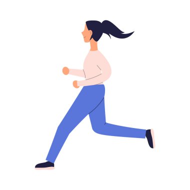 Spor kıyafetleri giymiş mutlu bir kız sağlıklı bir hayat sürmek için koşuyor. Şirin bir kadın antrenman yapar ya da kaçar. Açık hava sporları aktivitesi. Kadın koşuyor. Kardiyo eğitimi. Raster.