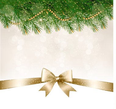 Christmas background with  branches of tree and bow with ribbons clipart