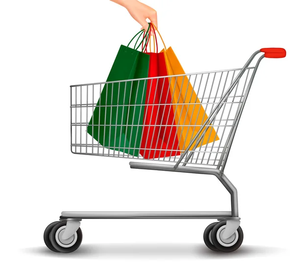 Carrito de compras con bolsas de compras de colores. Concepto de descuento. Vec — Archivo Imágenes Vectoriales