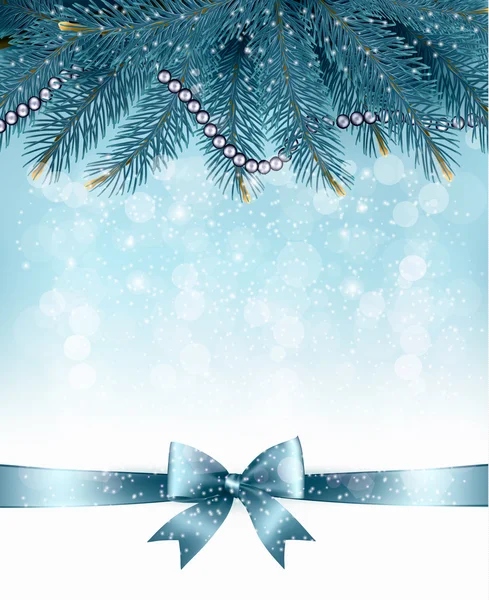 Christmas background with  branches of tree and bow with ribbons — Stock Vector