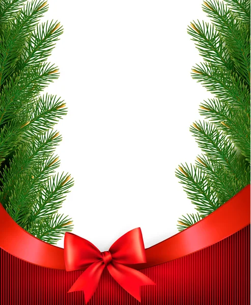 Fondo navideño con ramas de árbol y lazo con cintas — Vector de stock