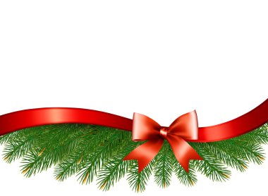 Background with christmas tree branches and a red ribbon. Vector clipart