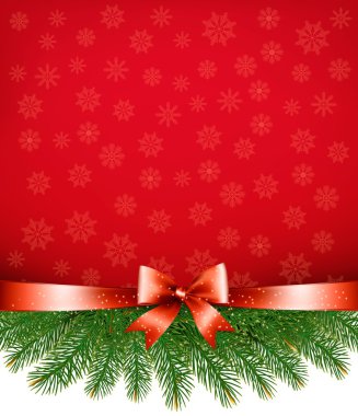 Red christmas background with ribbon and branches. Vector. clipart