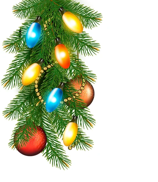Fondo de Navidad con guirnalda colorida, adornos y ramas — Vector de stock